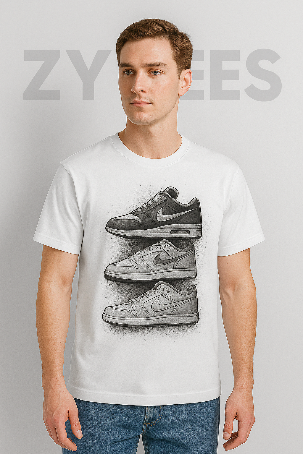 Short sleeve white t-shirt with nike shoe print | Men collection