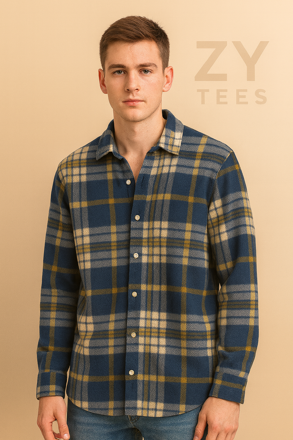 Men’s Blue & Mustard Plaid Flannel Shirt – Soft Brushed Winter Shirt | Men collection