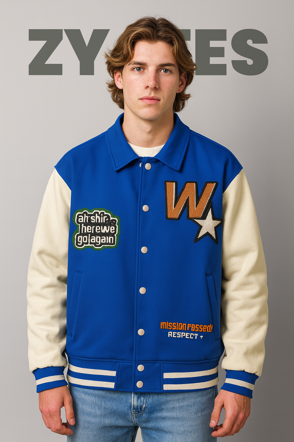 Blue Classic Varsity Jacket – Premium Wool Blend with Embroidered Patches Men Collection