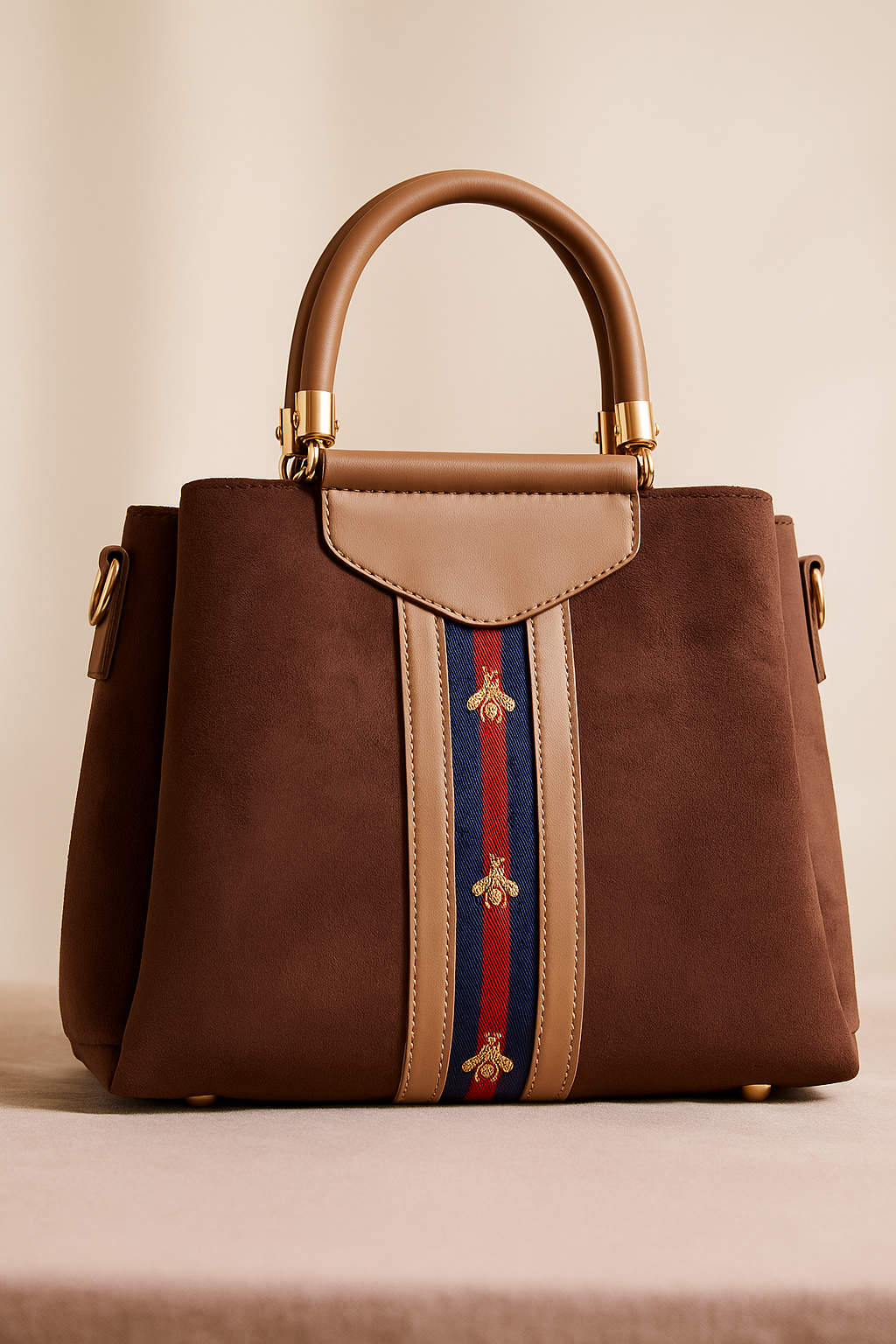 Luxury Brown Handbag with Signature Bee Embroidery