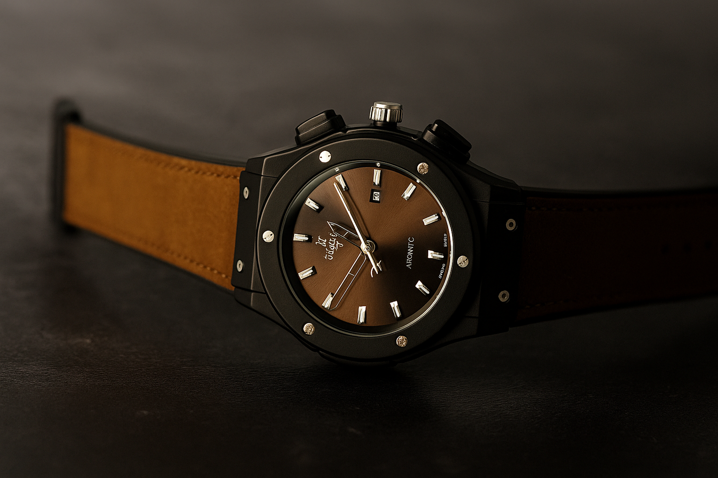Luxury Black Case Watch with Brown Dial & Leather Strap