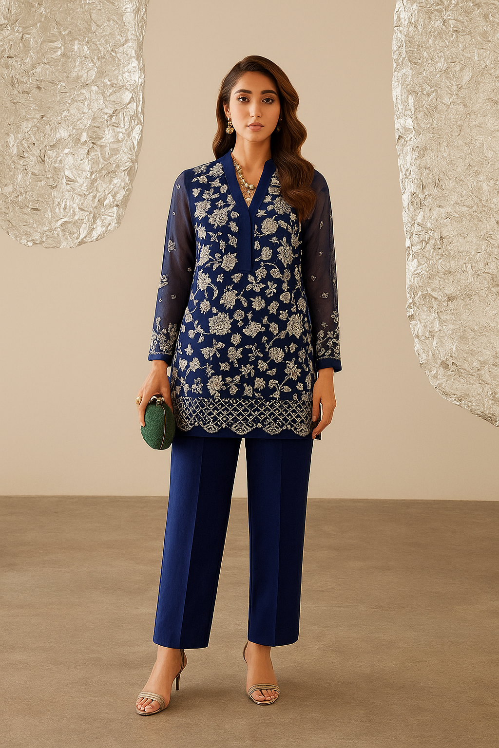 Navy Blue Embroidered 3-Piece Suit