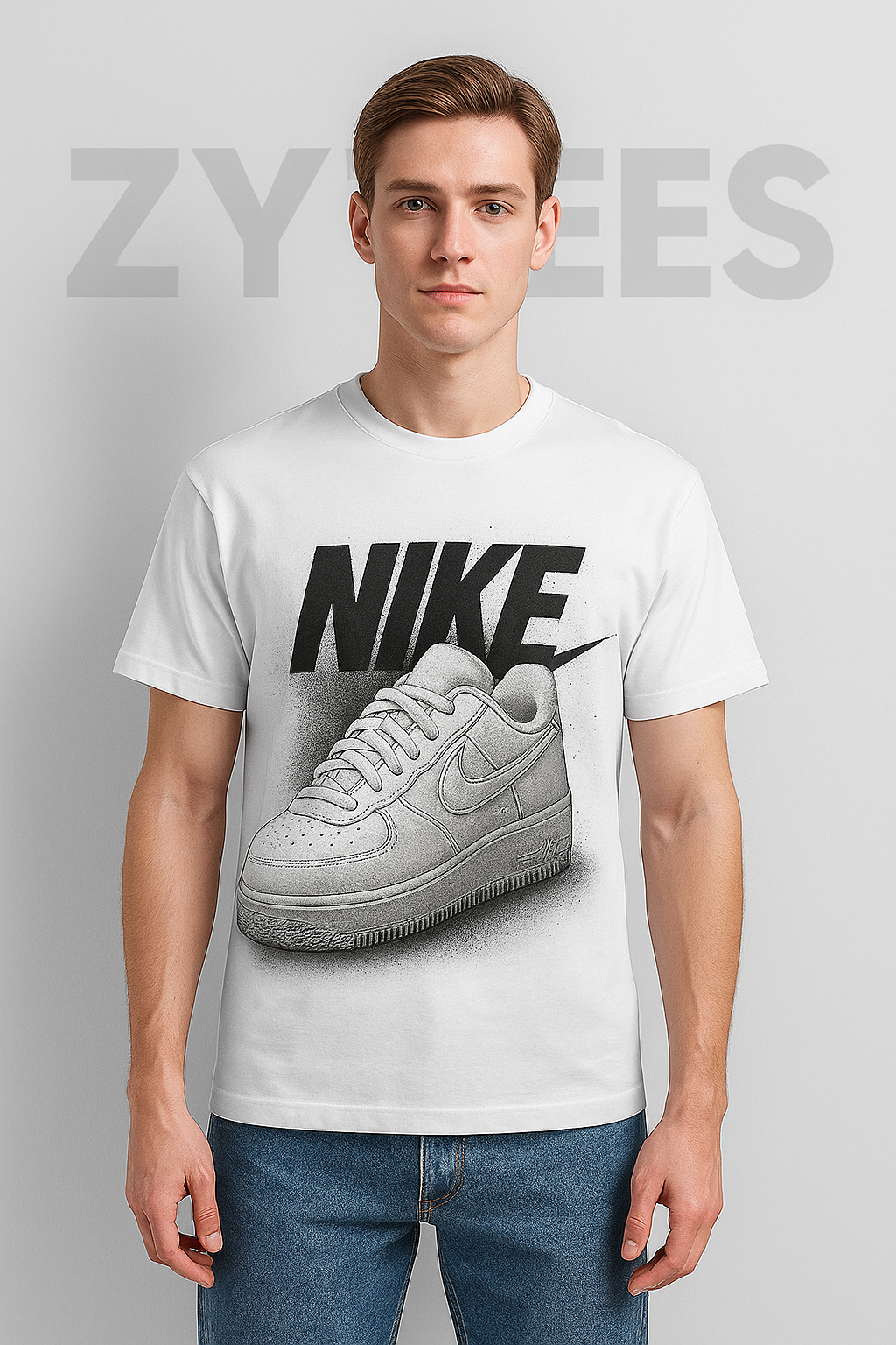 Short sleeve white t-shirt with nike shoe print | Men collection