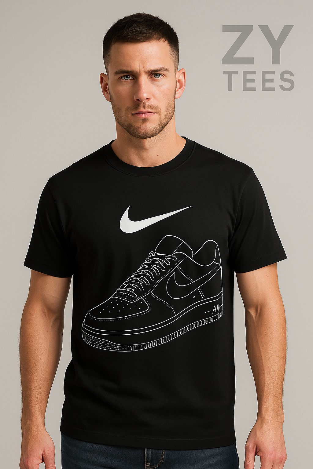 Short sleeve white t-shirt with nike shoe print | Men collection