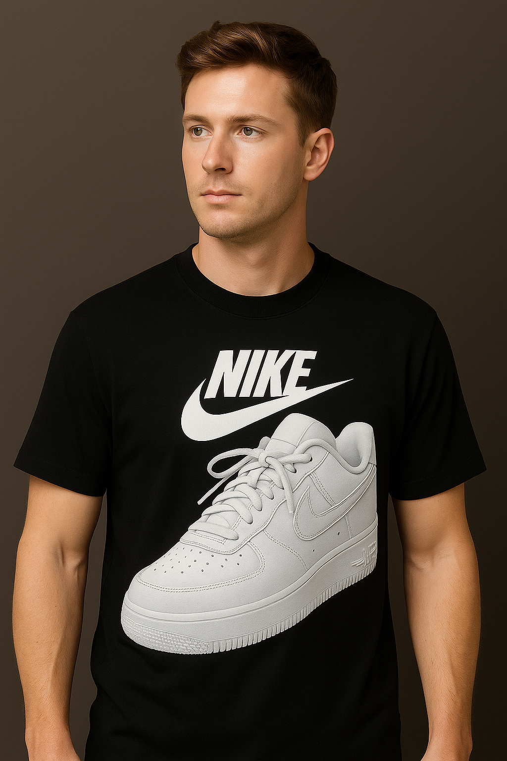 Short sleeve white t-shirt with nike shoe print | Men collection