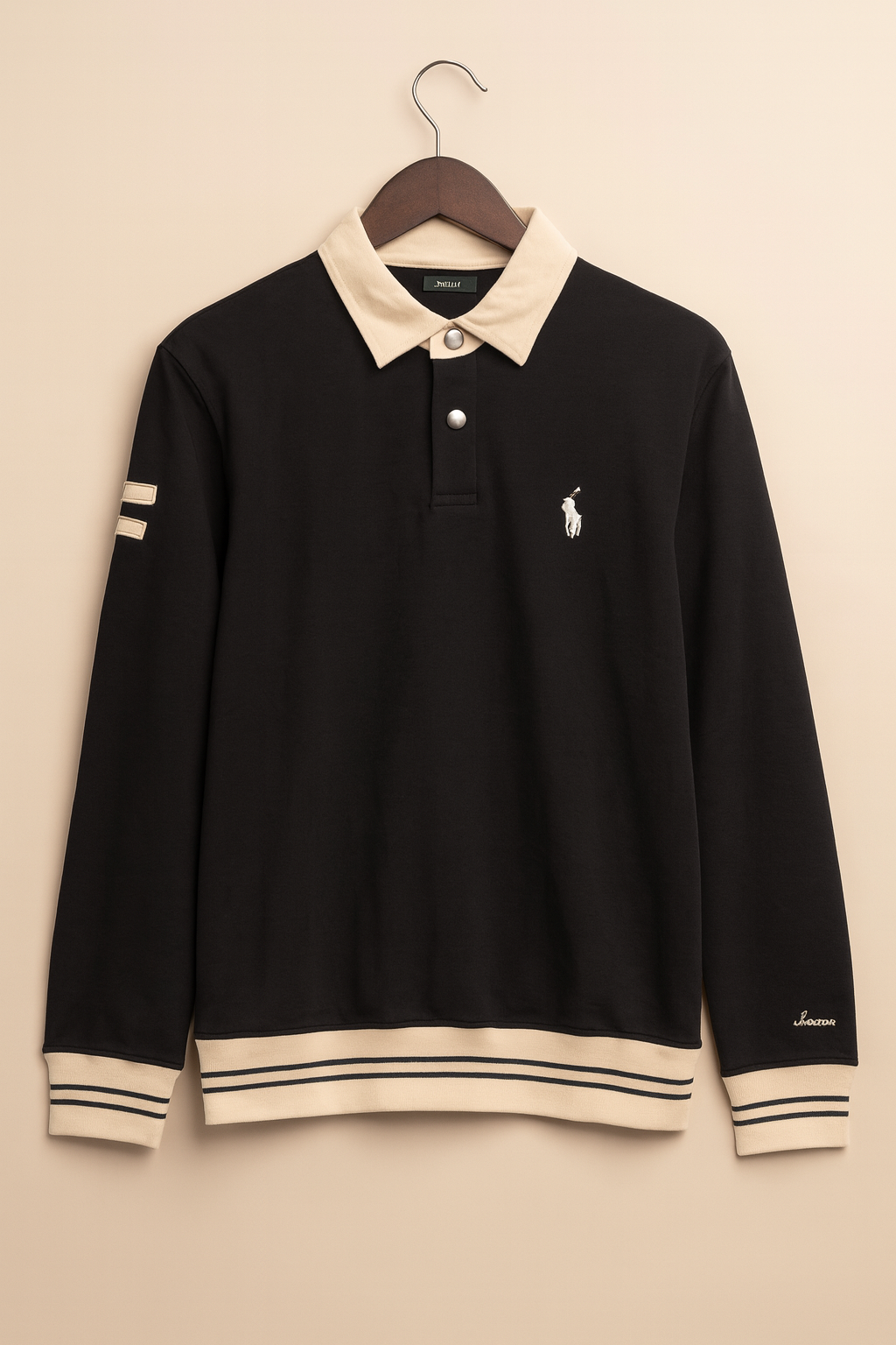 Black Contrast-Collar Polo Sweatshirt with Ribbed Hem | Men collection