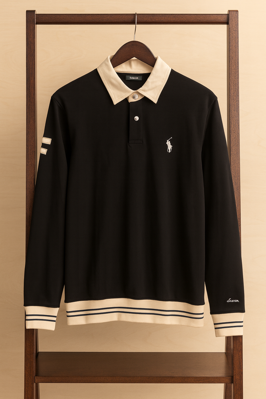 Black Contrast-Collar Polo Sweatshirt with Ribbed Hem | Men collection