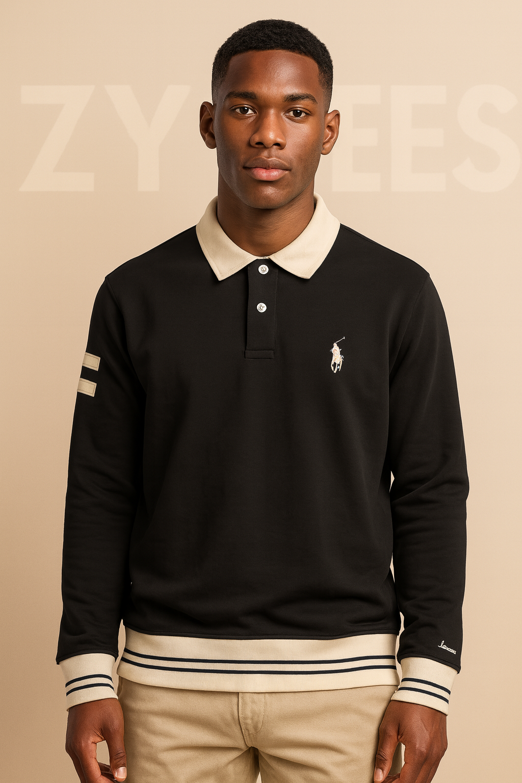 Black Contrast-Collar Polo Sweatshirt with Ribbed Hem | Men collection