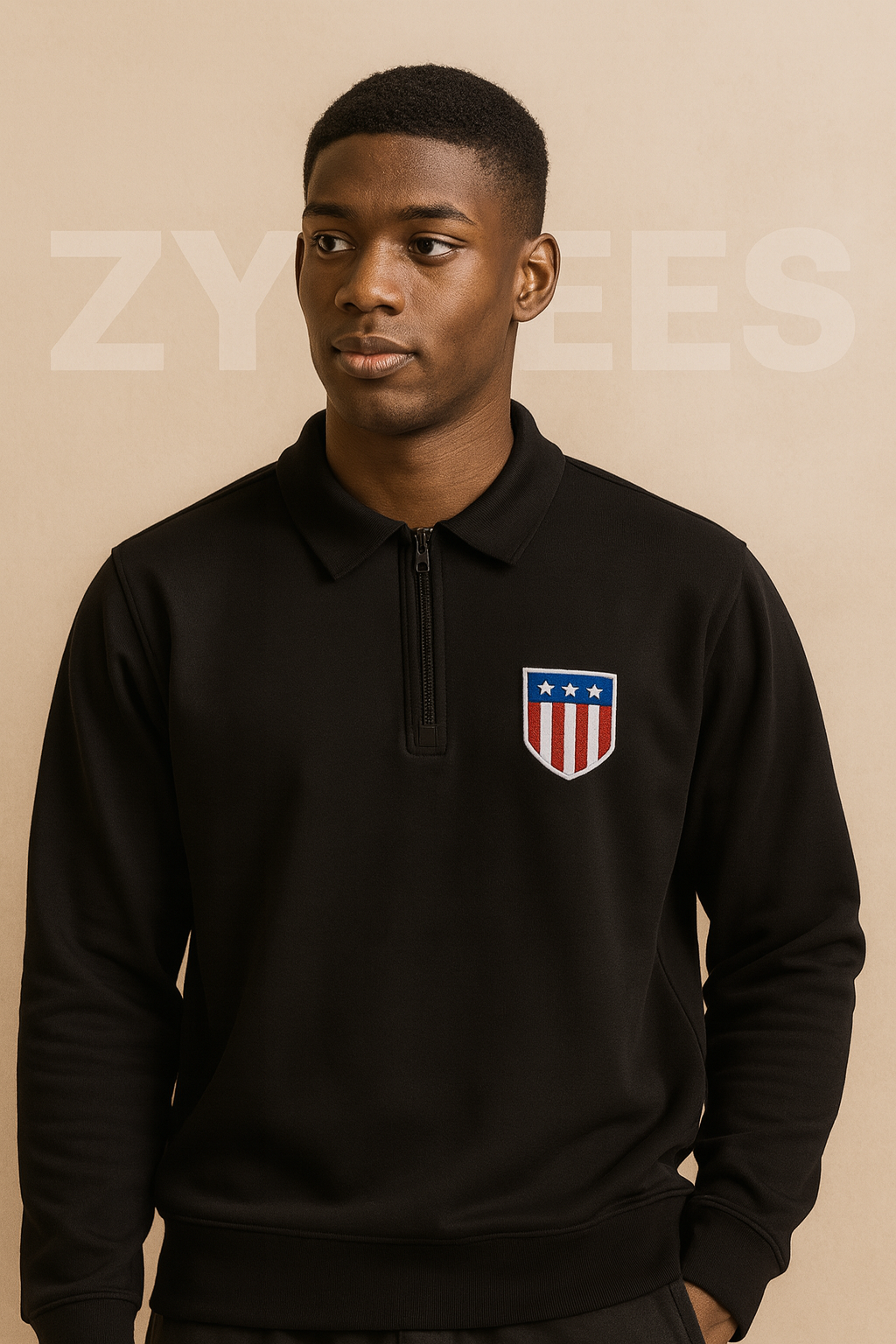 Men’s Black Half-Zip Sweatshirt with Embroidered Shield Logo | Men collection
