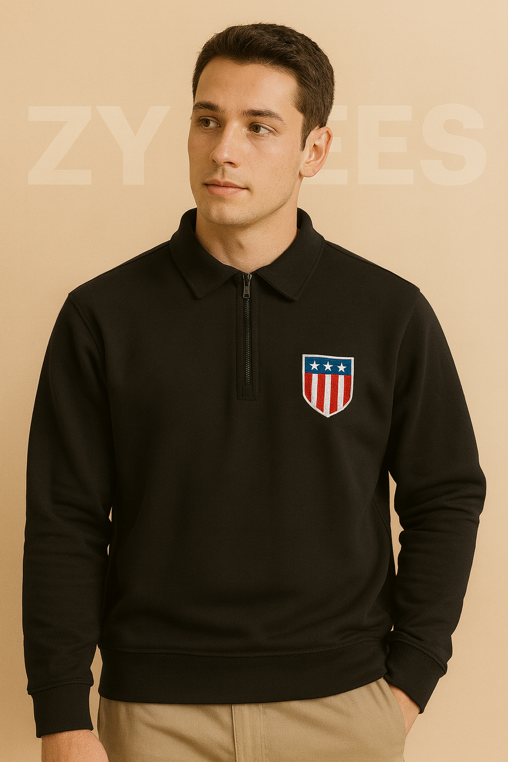 Men’s Black Half-Zip Sweatshirt with Embroidered Shield Logo | Men collection