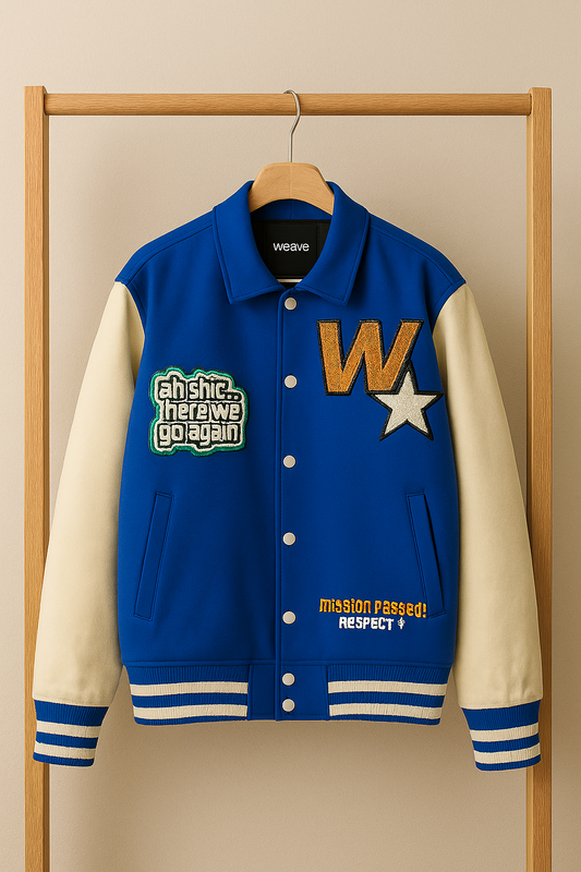 Blue Classic Varsity Jacket – Premium Wool Blend with Embroidered Patches Men Collection