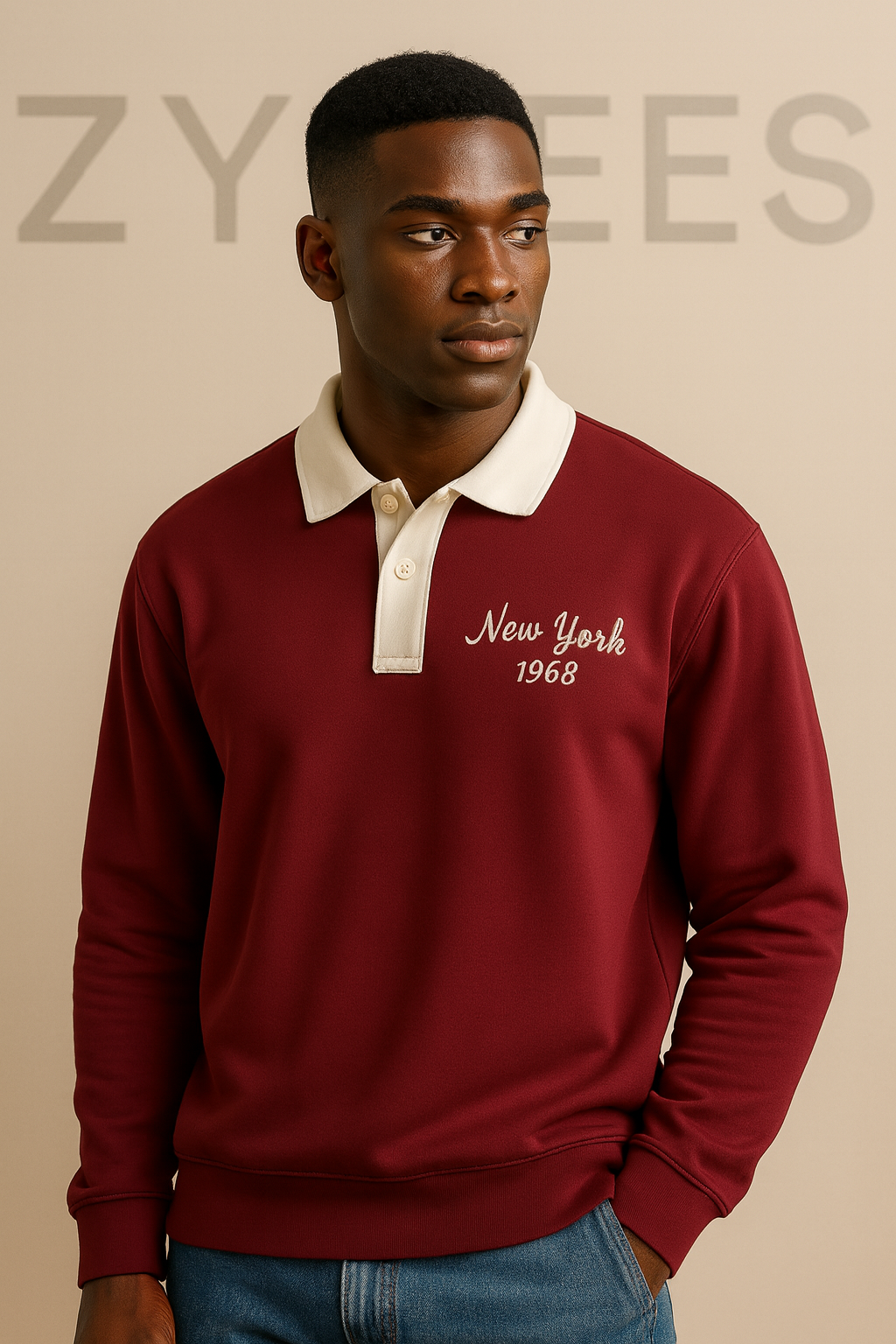 Vintage “New York 1968” Maroon Polo-Collar Sweatshirt | Men collection