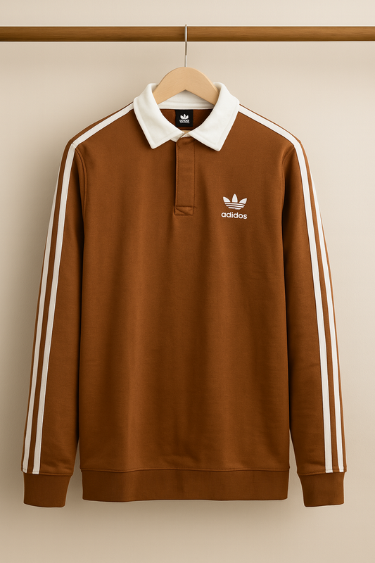 Brown Polo-Style Sweatshirt with White Stripes & Contrast Collar | Men collection