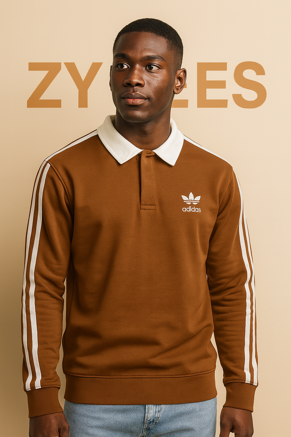 Brown Polo-Style Sweatshirt with White Stripes & Contrast Collar | Men collection