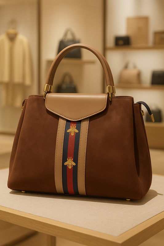 Luxury Brown Handbag with Signature Bee Embroidery