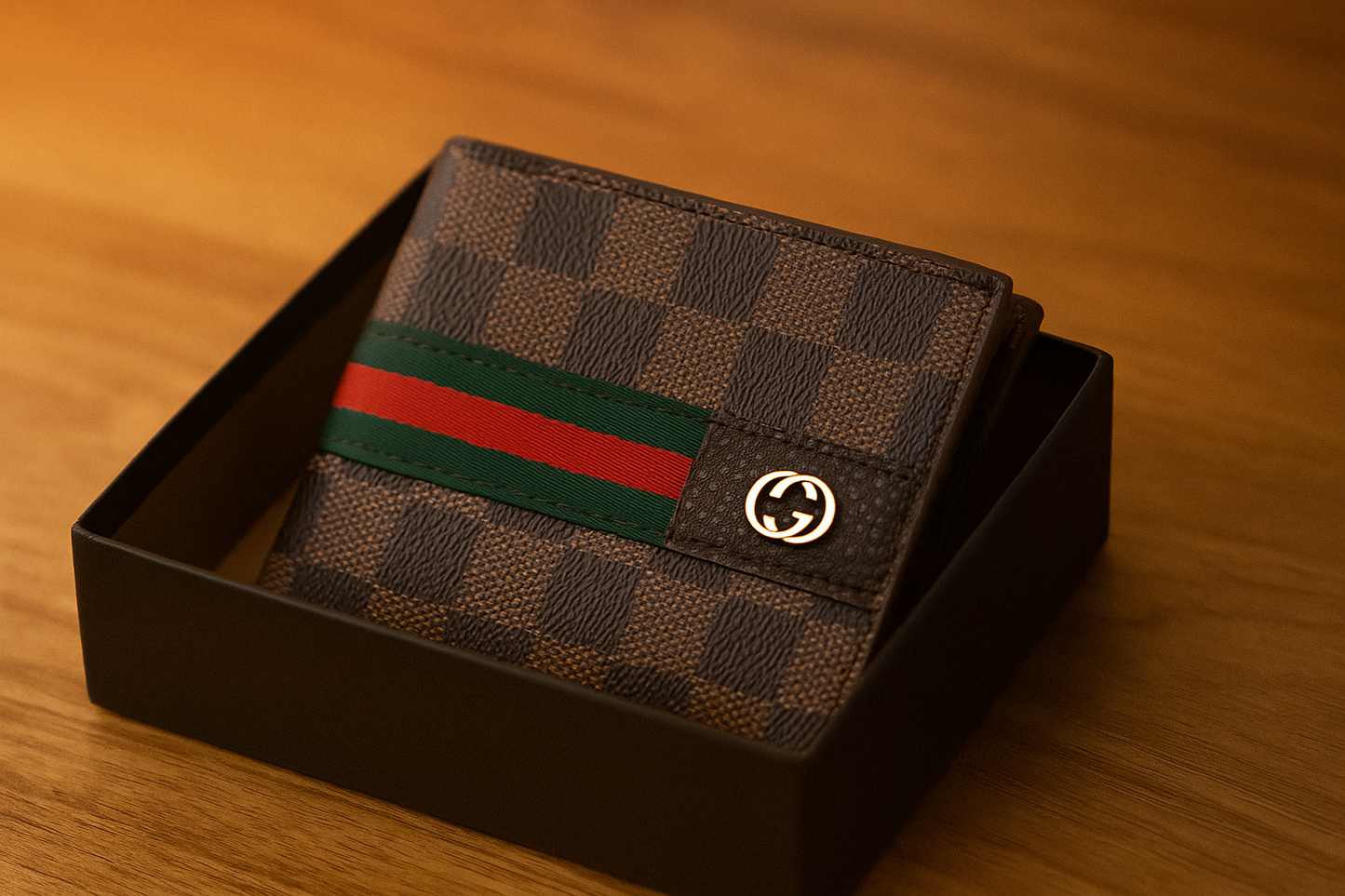 Premium Men’s Bifold Wallet – Classic Brown with Green & Red Stripe