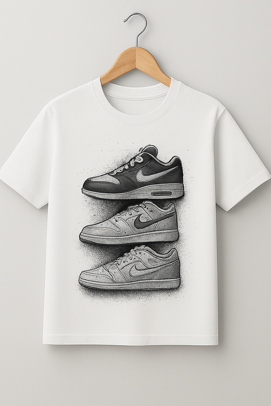 Short sleeve white t-shirt with nike shoe print | Men collection