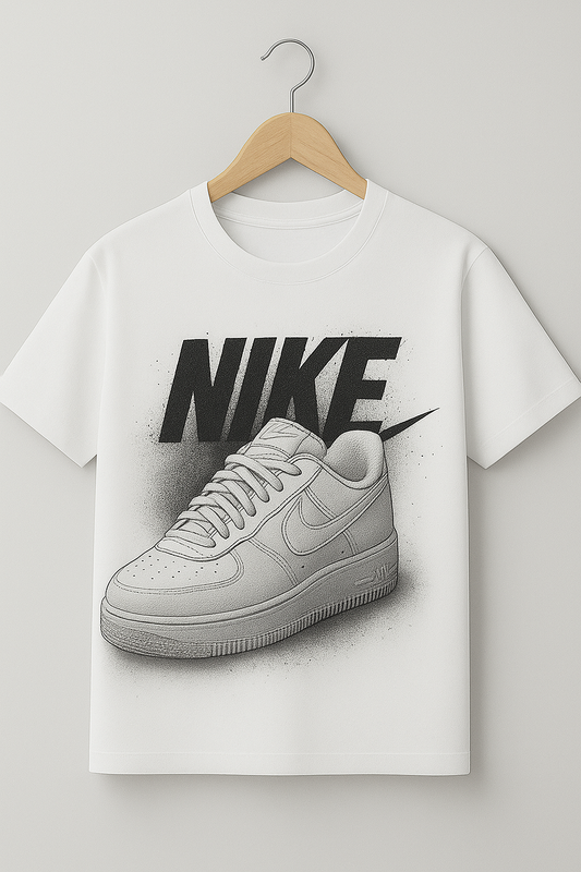 Short sleeve white t-shirt with nike shoe print | Men collection