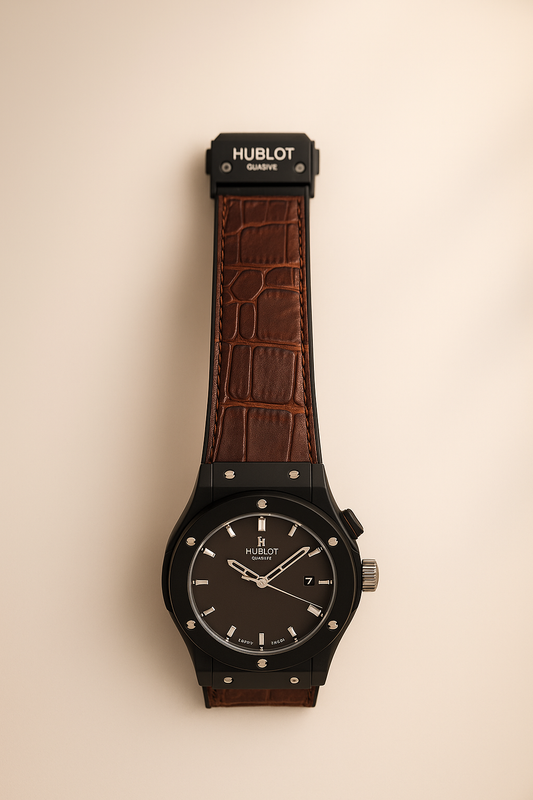 Luxury Black Case Watch with Brown Dial & Leather Strap