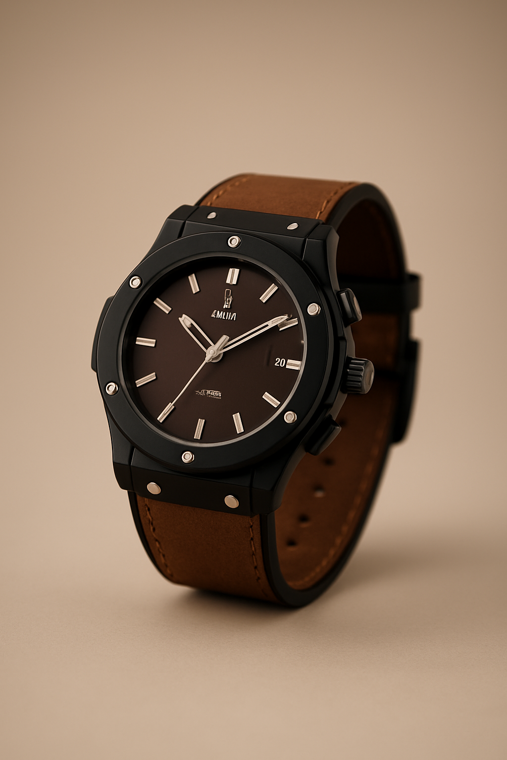 Luxury Black Case Watch with Brown Dial & Leather Strap