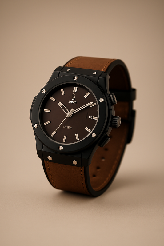 Luxury Black Case Watch with Brown Dial & Leather Strap