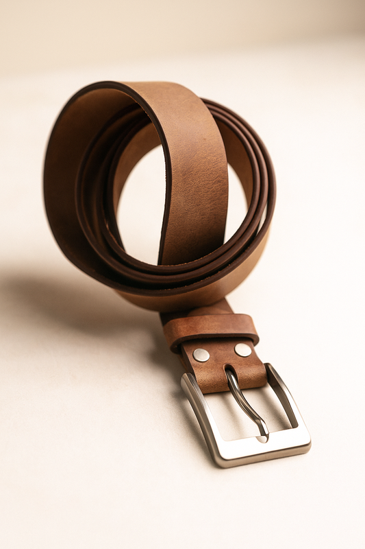 Classic Brown Leather Belt with Metal Buckle