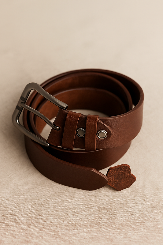 Classic Brown Leather Belt with Metal Buckle