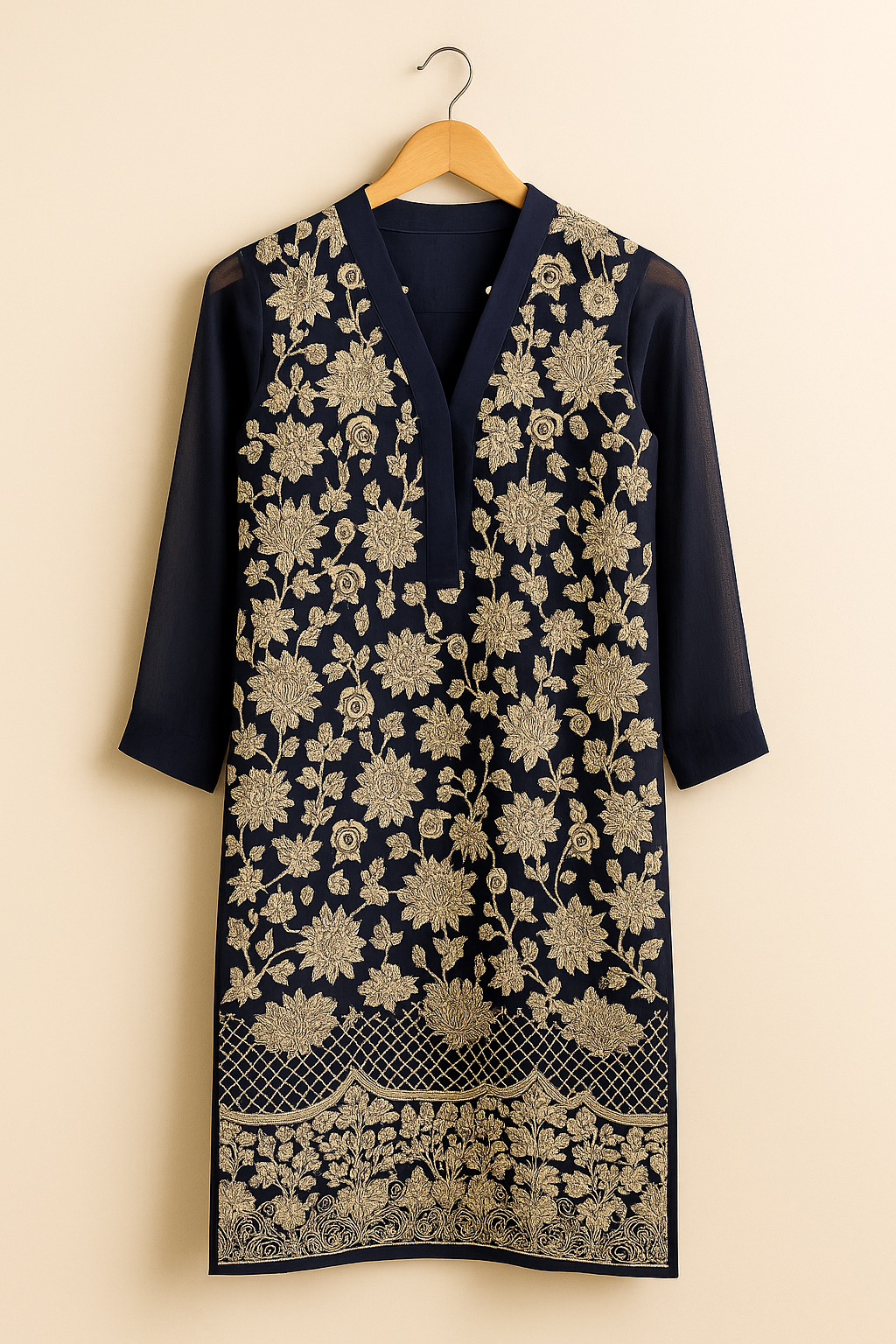 Navy Blue Embroidered 3-Piece Suit