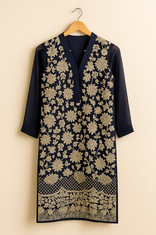 Navy Blue Embroidered 3-Piece Suit