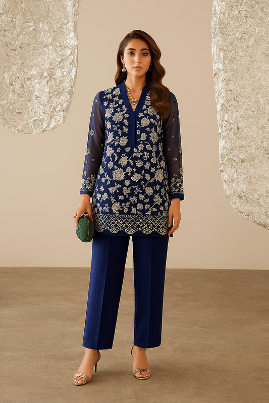 Navy Blue Embroidered 3-Piece Suit