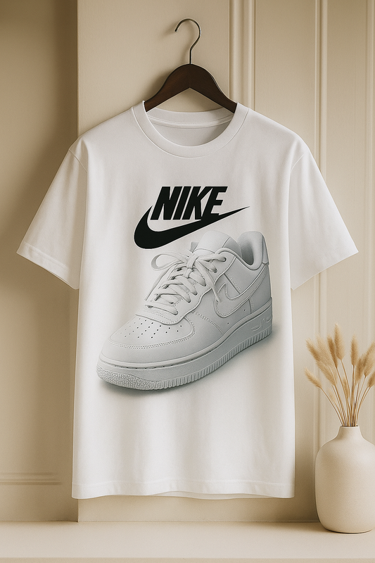 Short sleeve white t-shirt with nike shoe print | Men collection
