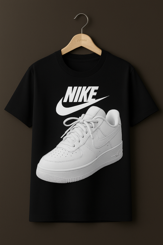 Short sleeve white t-shirt with nike shoe print | Men collection