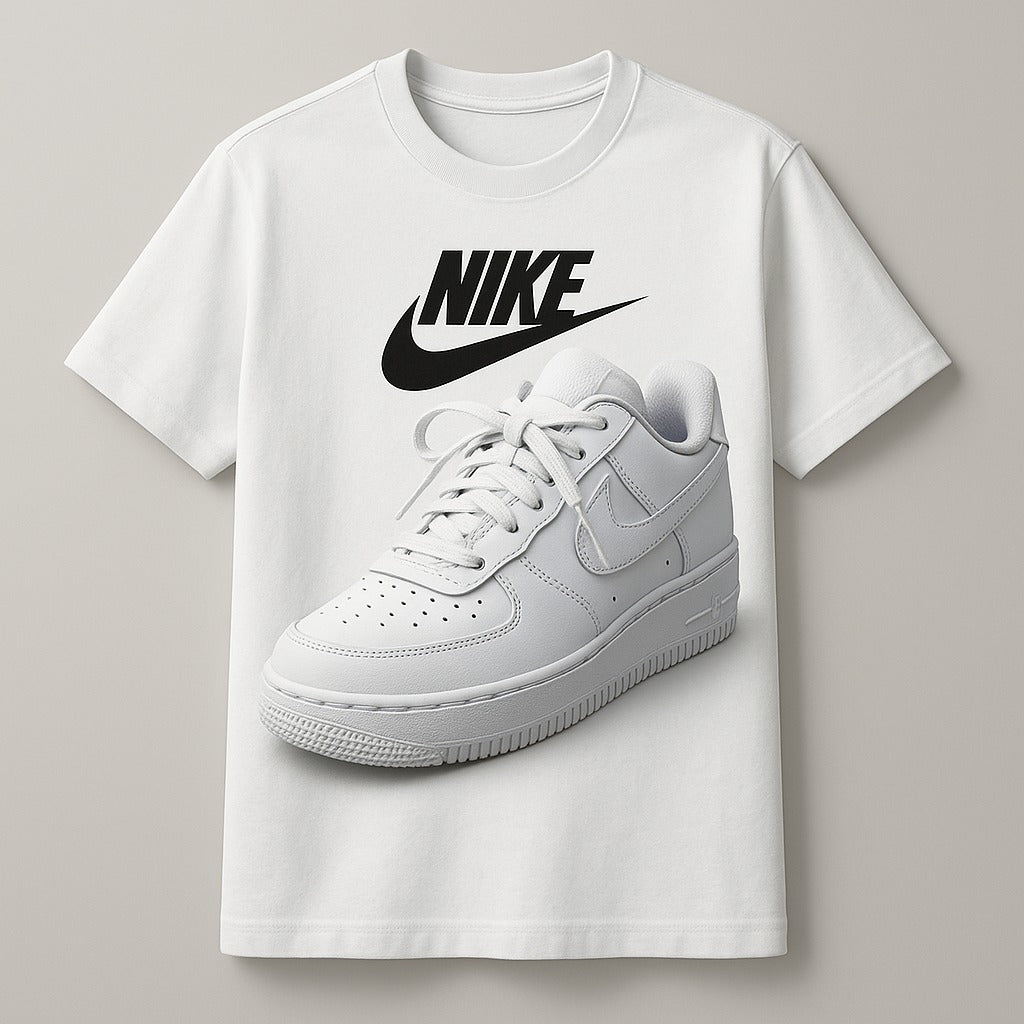 Short sleeve white t-shirt with nike shoe print | Men collection